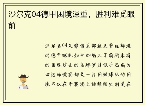 沙尔克04德甲困境深重，胜利难觅眼前